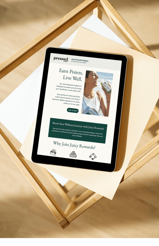 A tablet displaying the juicy rewards program landing page.